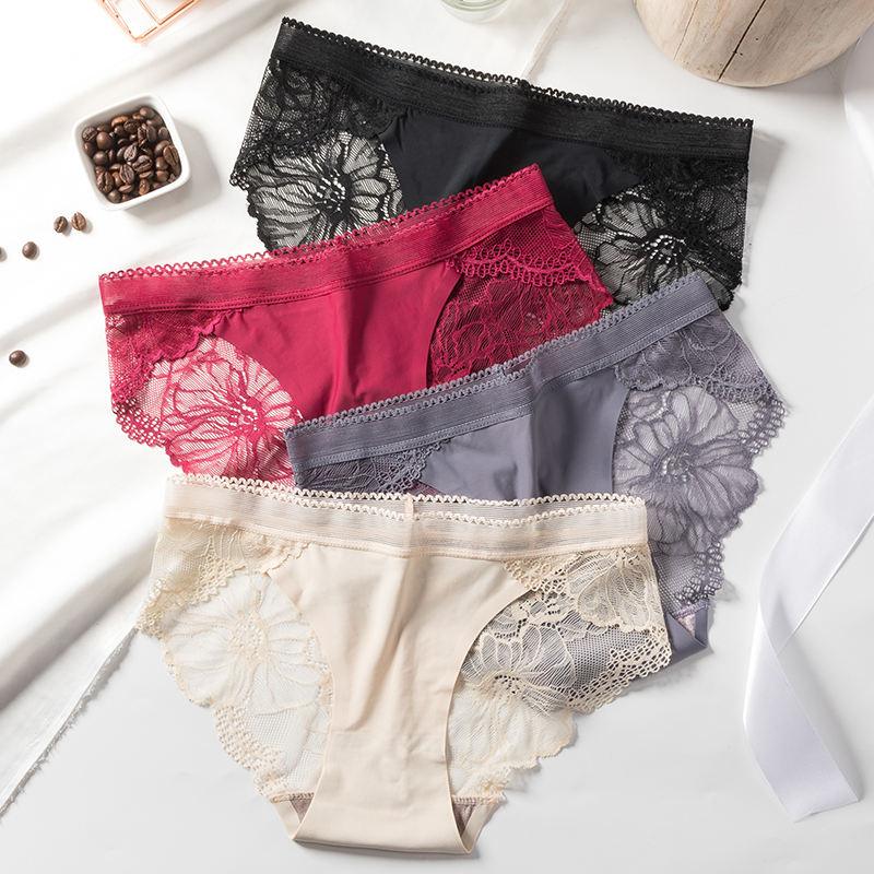 2 Pcs) Designer Low Waist Flower Lace Ice Silk Seamless Panty
