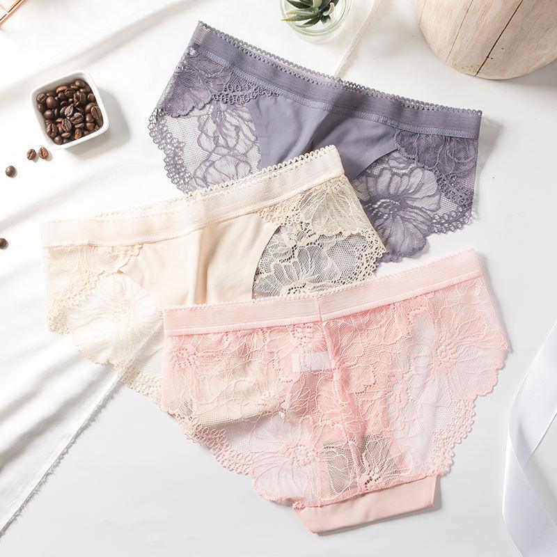 (895 for 2 Pcs) Designer Low Waist Flower Lace Ice Silk Seamless Transparent Sheer Underwear Panty - QuitePeach.com
